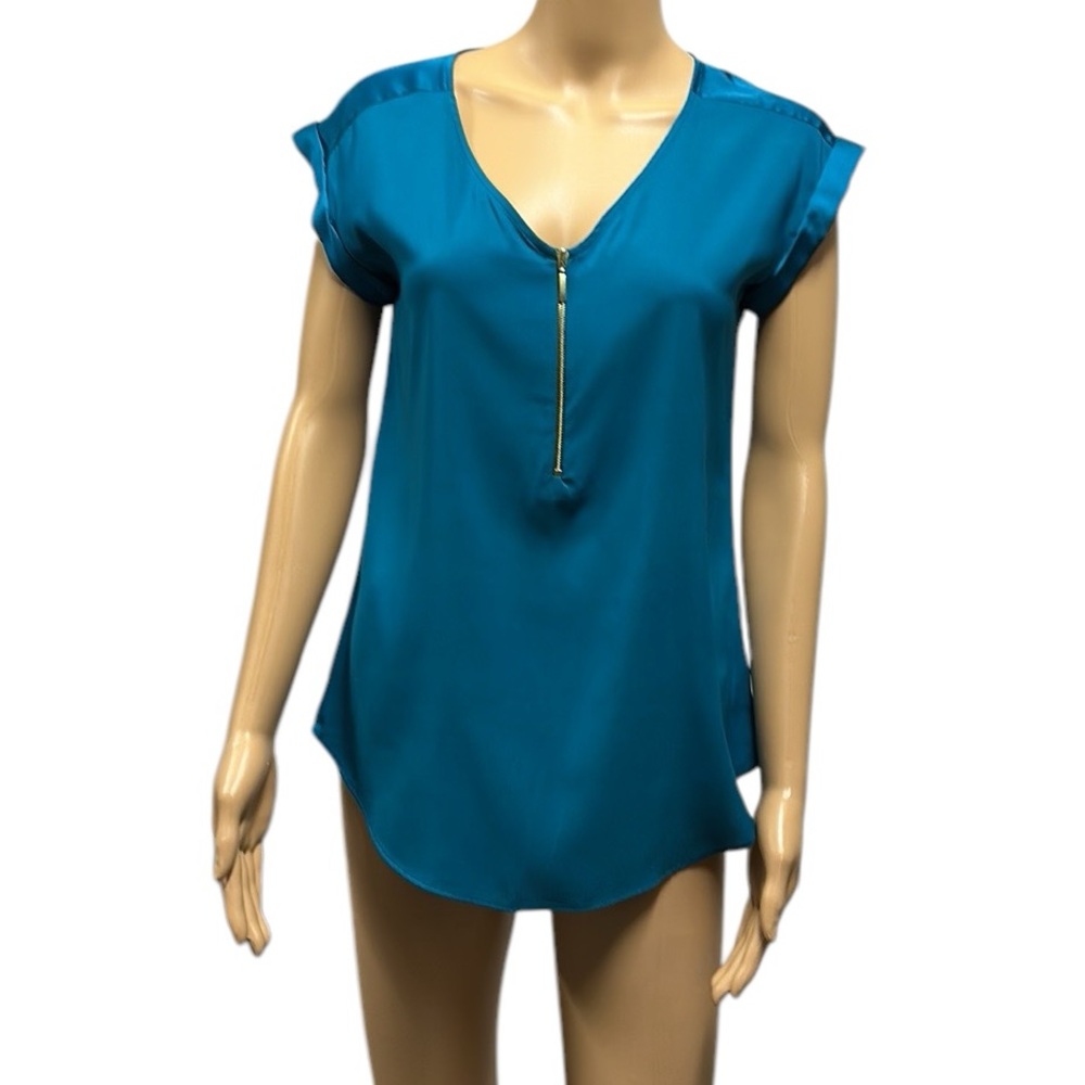 Express Zipper Front Peacock Blue Satin Short Cuff Sleeve Blouse Womens XS